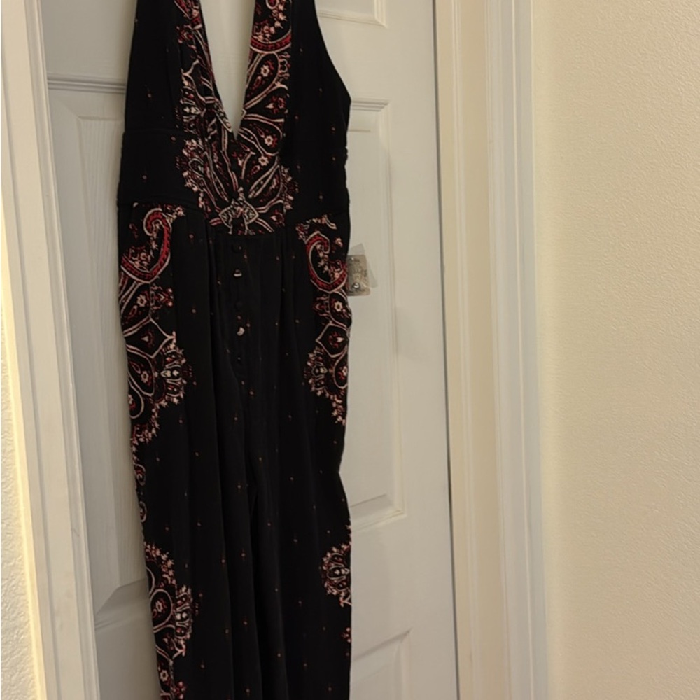 Elegant Black and Red Paisley jumpsuit pants romper
